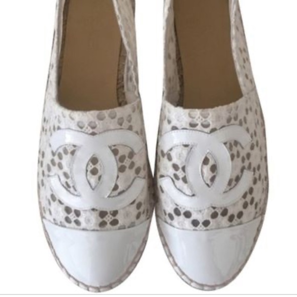CHANEL Shoes - CHANEL || white and tan lace cap toe espadrilles 7
